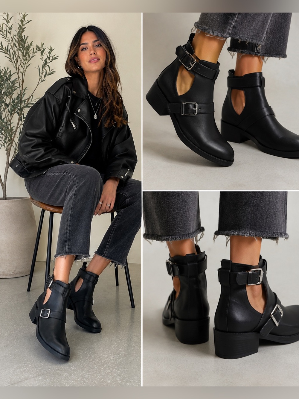 Pull&Bear Black Cutout Buckle Ankle Boots‎ Women's EU 39 US 8.5 Block Heel Moto